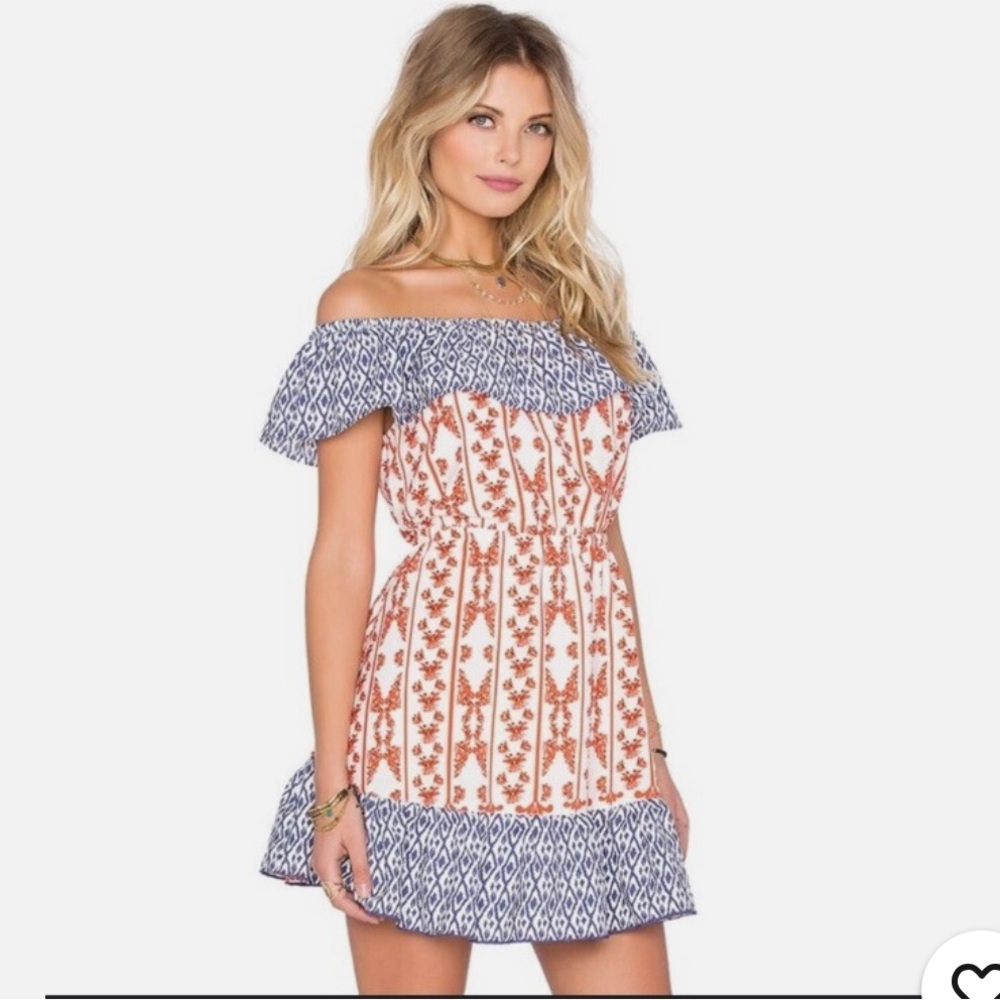 Tularosa Off-Shoulder Floral Ruffle Mini Dress in Blue Red and White XS